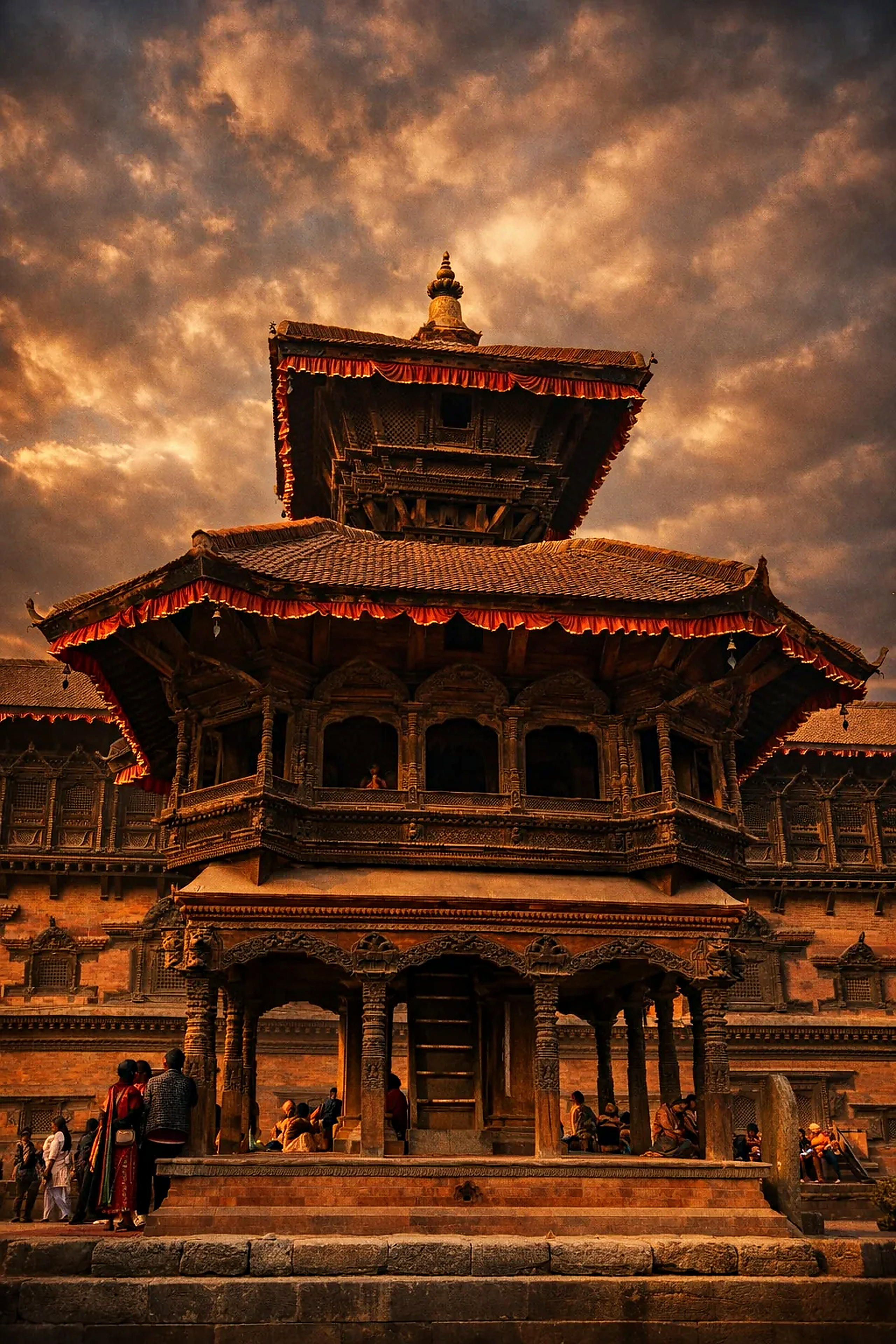 Chyasin Dega octagonal stone temple bathed in golden hour sunset light in Patan Durbar Square